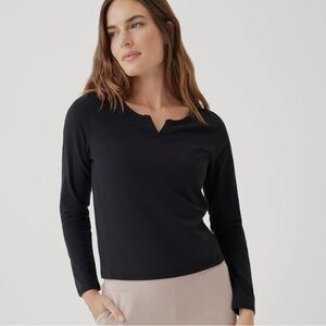 Pact Women’s Black Split Neck Long Sleeve Organic Cotton Slim Fit Top Sz M‎
